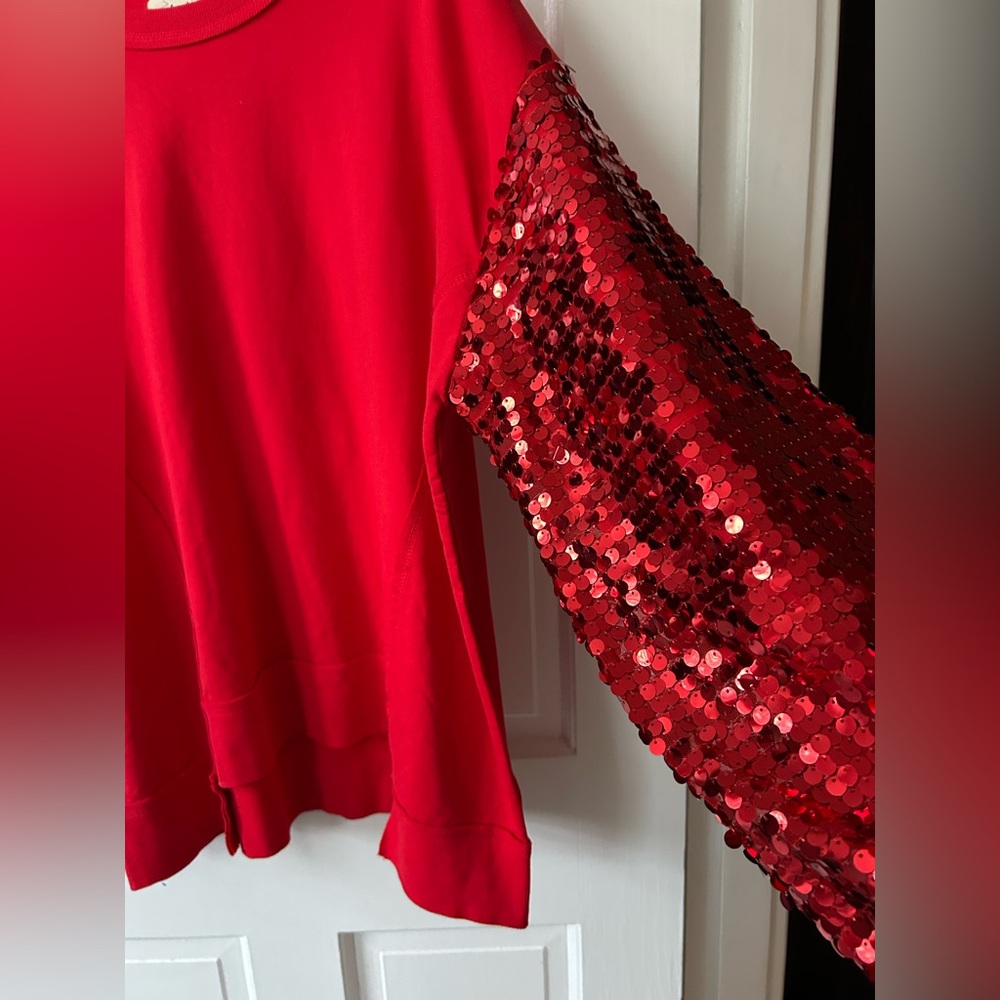 Oversized Red Sequin Glitzy Top Sweatshirt w Sequined Long Lantern Sleeves Sz S